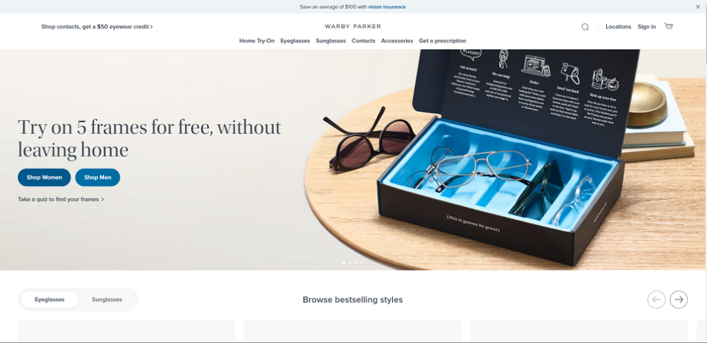 pagina principal de Warby Parker
